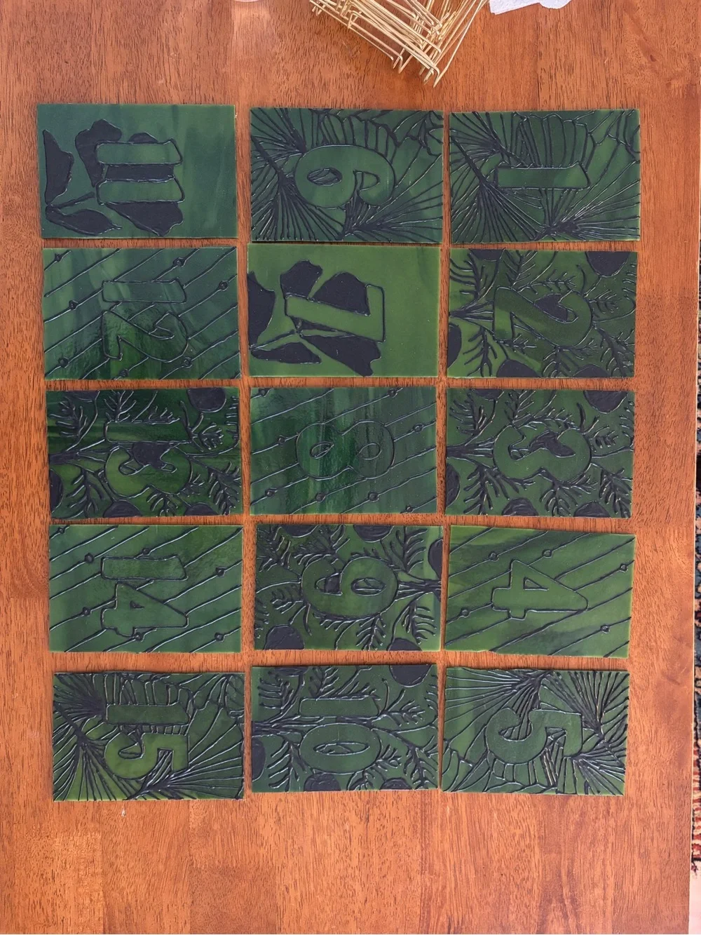 Custom Green Stained Glass Table Numbers. Tables 1-15. With Gold Easels